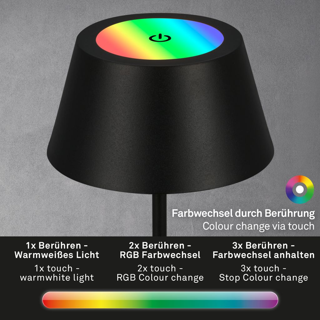 LED Akku-Tischleuchte Tischlampe höhenverstellbar IP44 schwarz RGB innen außen 4