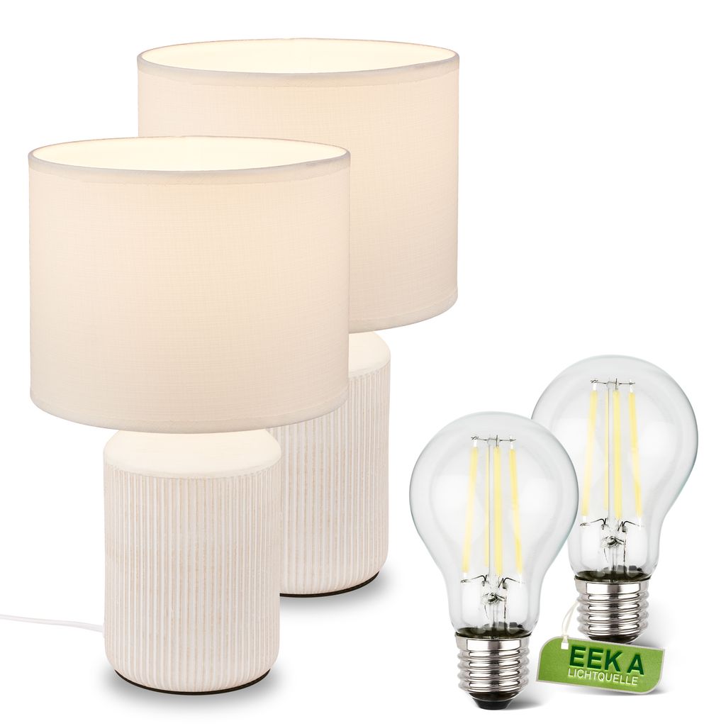 Ino 2er Set Tischlampe mit 2x Leuchtmitteln - Warmweiß, EEK A, Keramikfuß, Kabelschalter, Weiß
