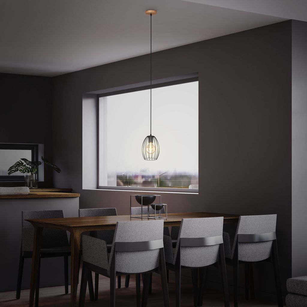 Pendelleuchte Hängelampe Drahtschirm Vintage 1xE27 60W Metall-Holz Briloner 3