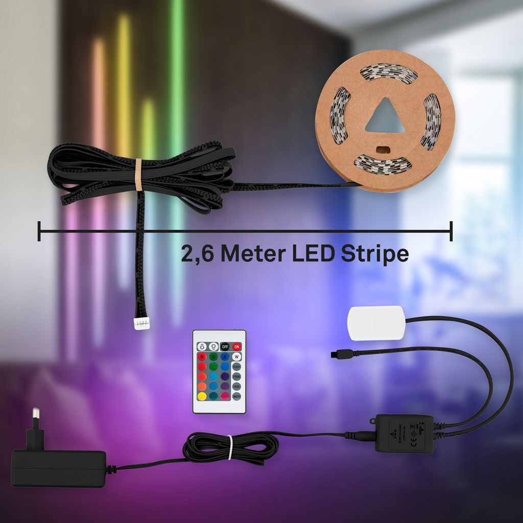 Starter-SET RGB LED Stripe für Wandpaneele 260cm, Fernbedienung, Verteilerbox