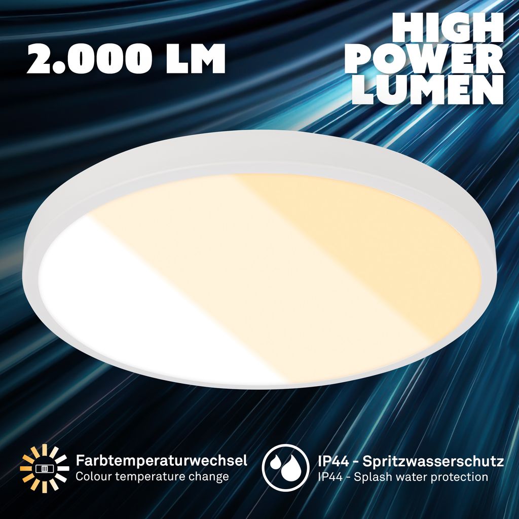 Shine Deckenlampe Ø24 cm - 18W, 2000lm, LED, Lichtfarbe wählbar, IP44, Weiß