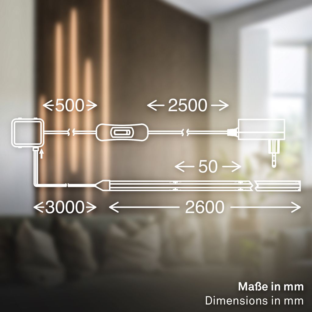 Starter Set COB LED Strip for Wall Panels 260cm, Warm White, Cable Switch, Self-adhesive