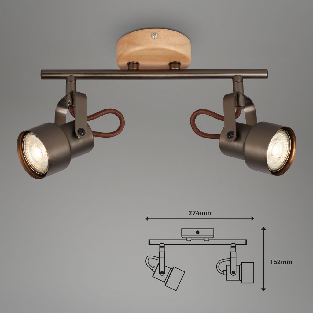 LED Retro Deckenstrahler ? 2-flammig, schwenkbar, 2x GU10 5W, Holz & Metall, Grau