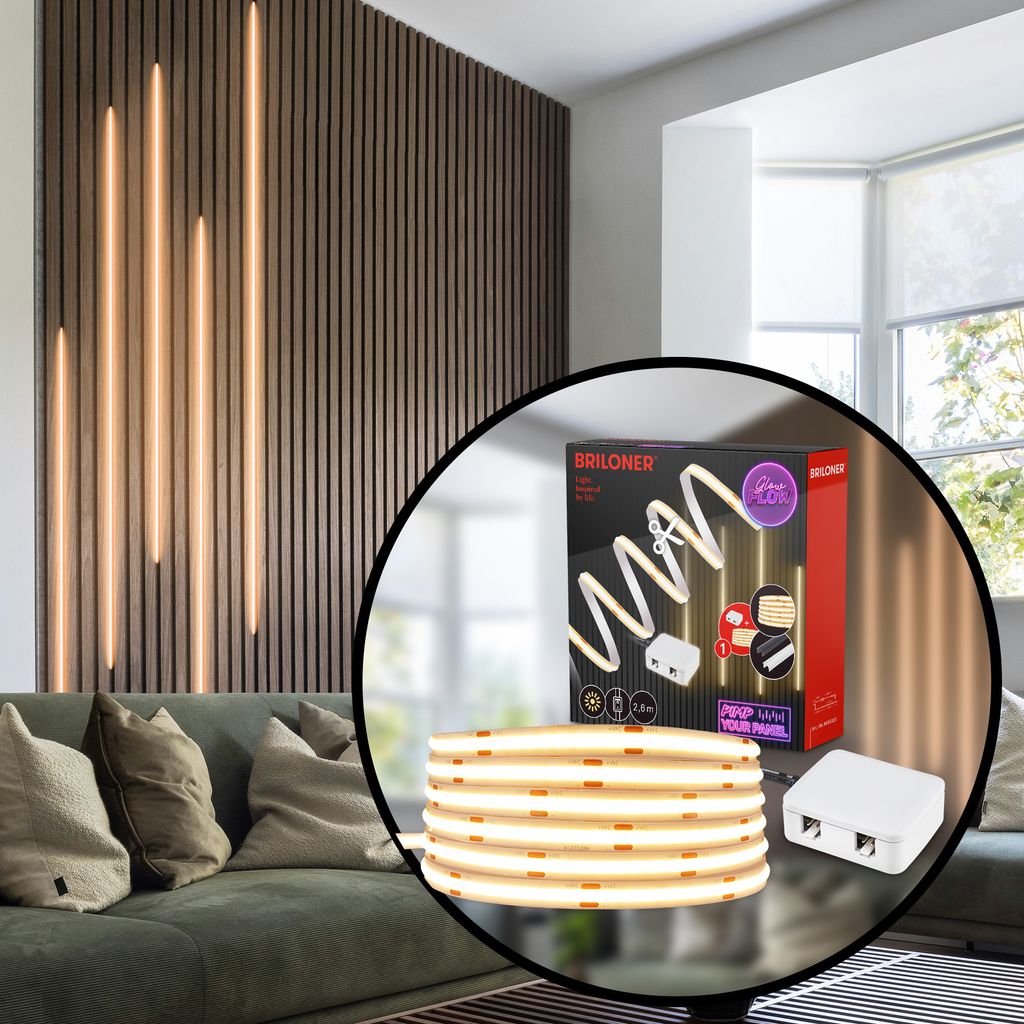 Starter Set COB LED Strip for Wall Panels 260cm, Warm White, Cable Switch, Self-adhesive