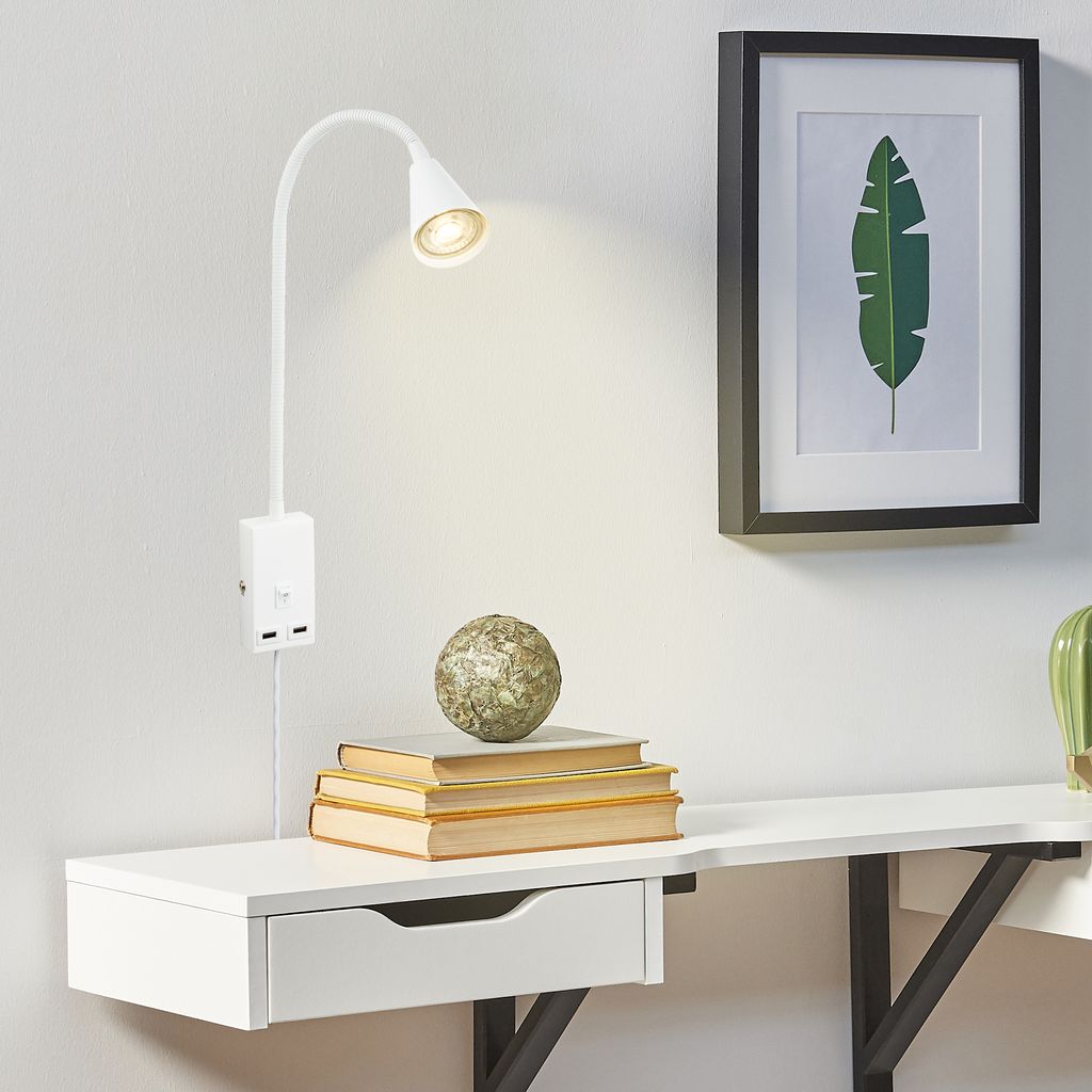 Briloner Justra leeslamp, draaibaar, 2 USB poorten, wit