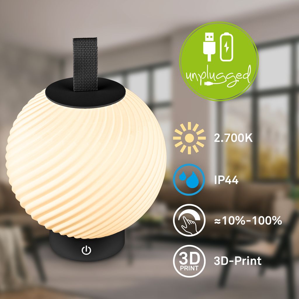 Globe Tischleuchte - 2W, 150lm, Akku, LED, Touch, Dimmbar, 3D-Druck, Schwarz