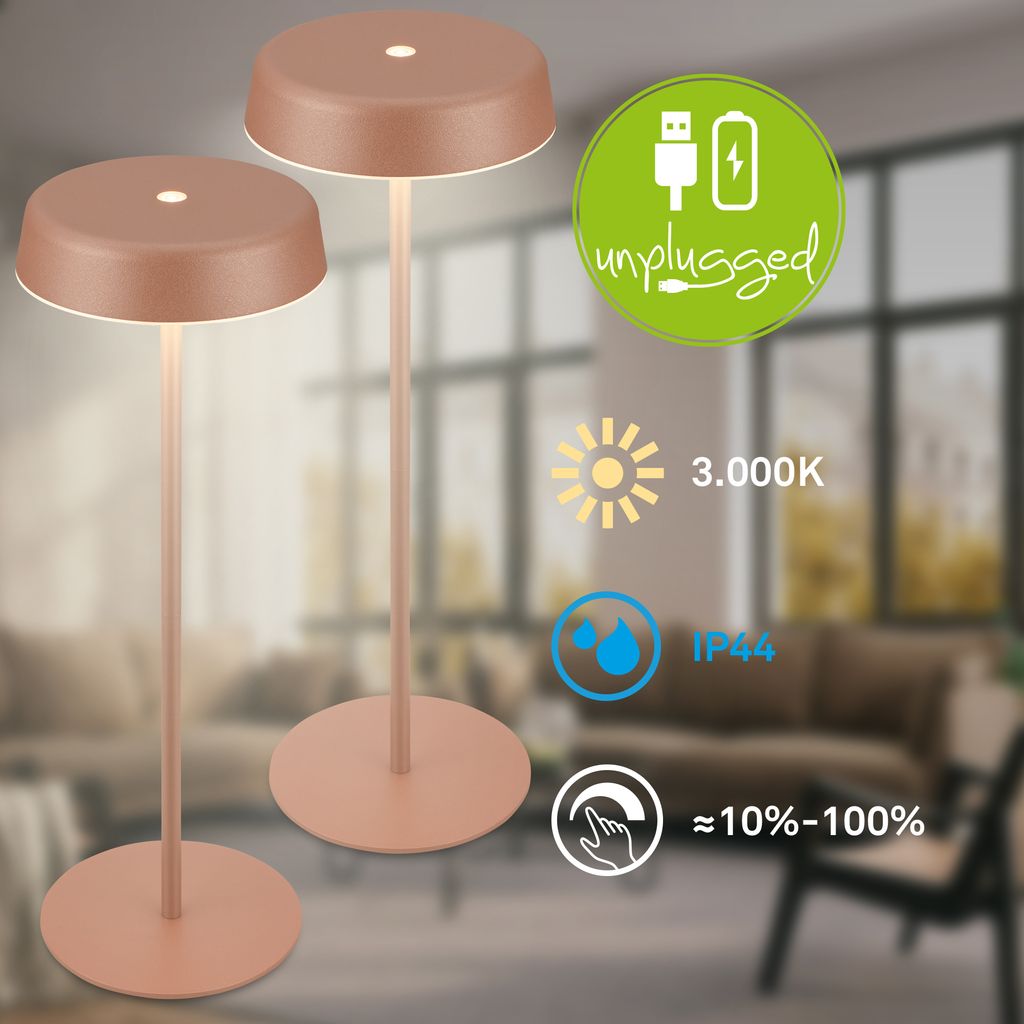 Pala Tischlampe 2er Set - 2,6W, 280lm, Kabellos, LED, Touch, Dimmbar, Coffee