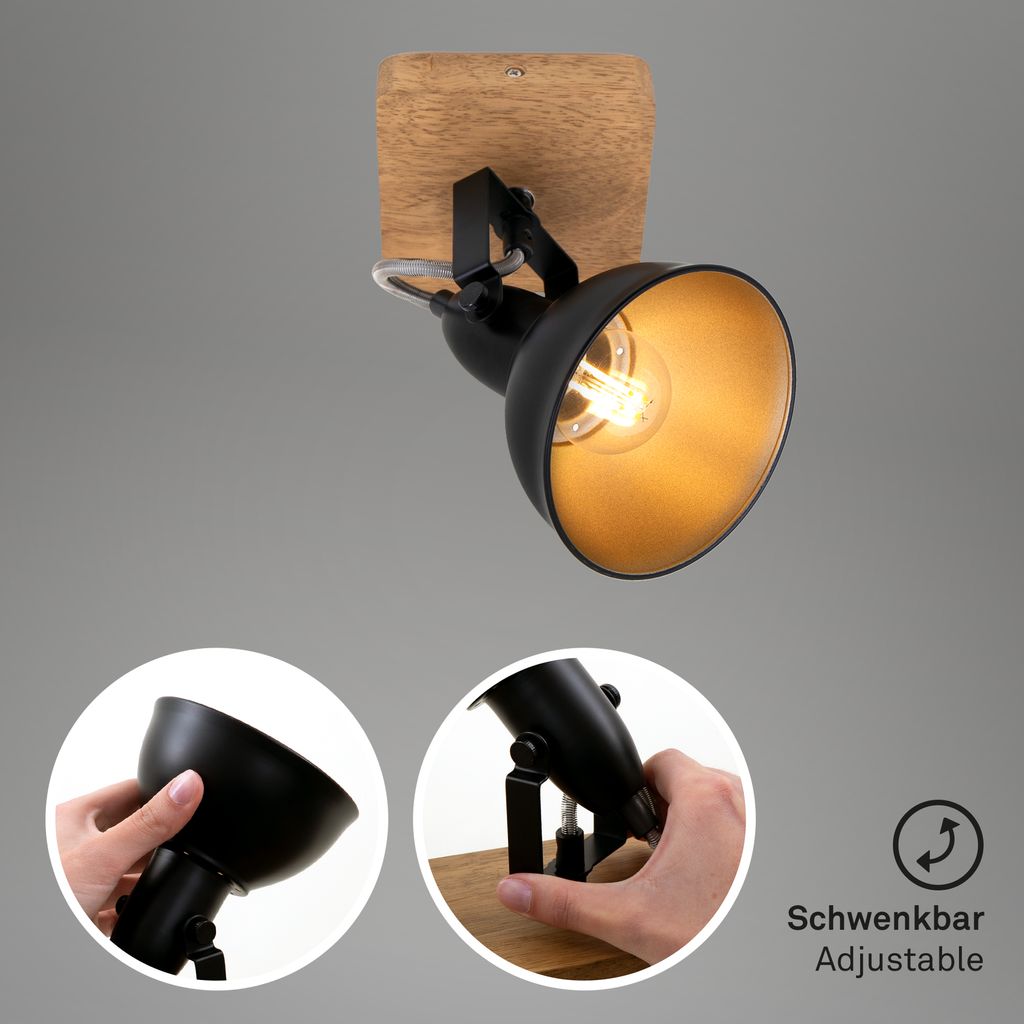 Wandspot retro vintage dreh- &schwenkbar 1xE14 Schwarz-Gold Metall-Holz Briloner 2