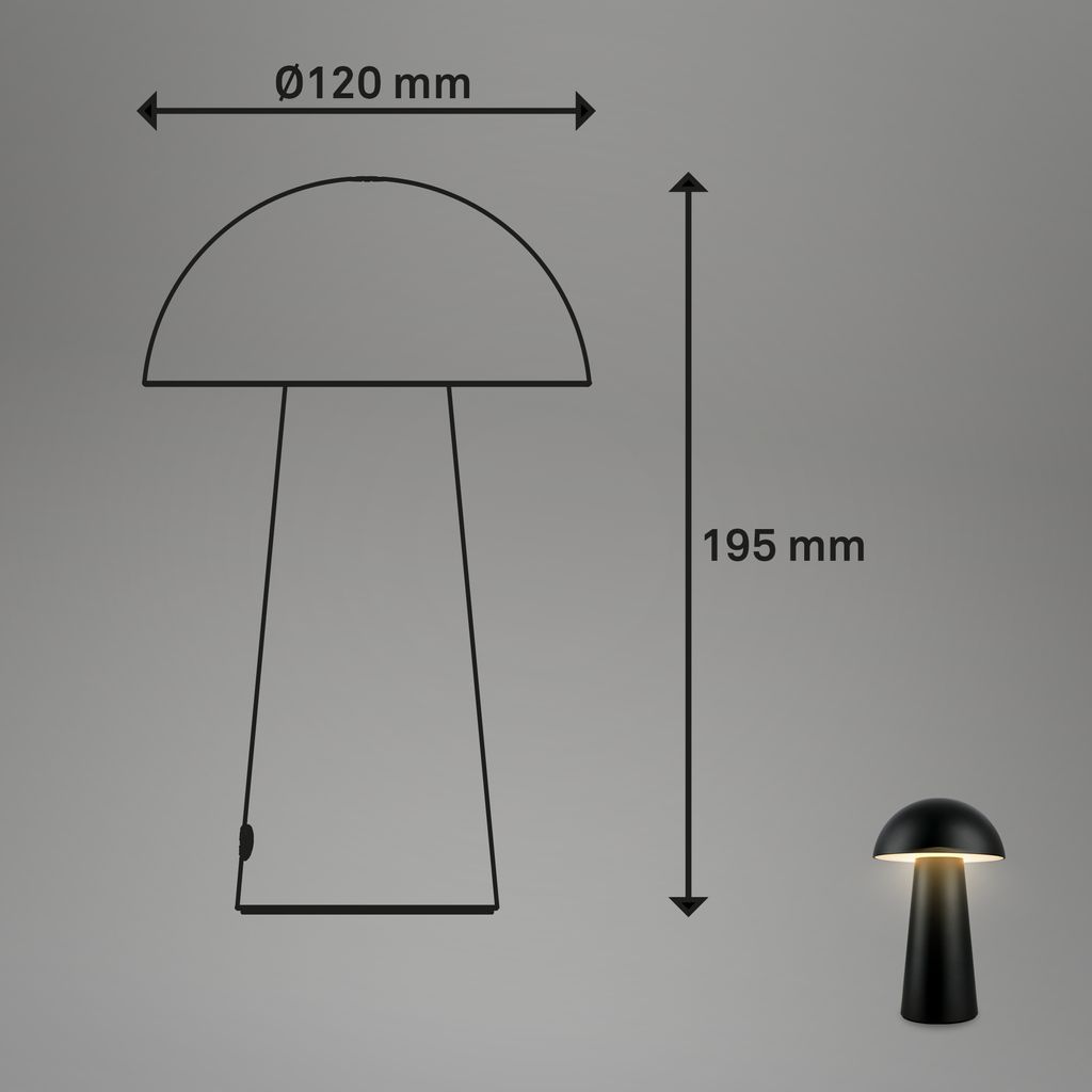 Briloner Fungo Mini LED table lamp cordless IP44, dimmable, touch, black