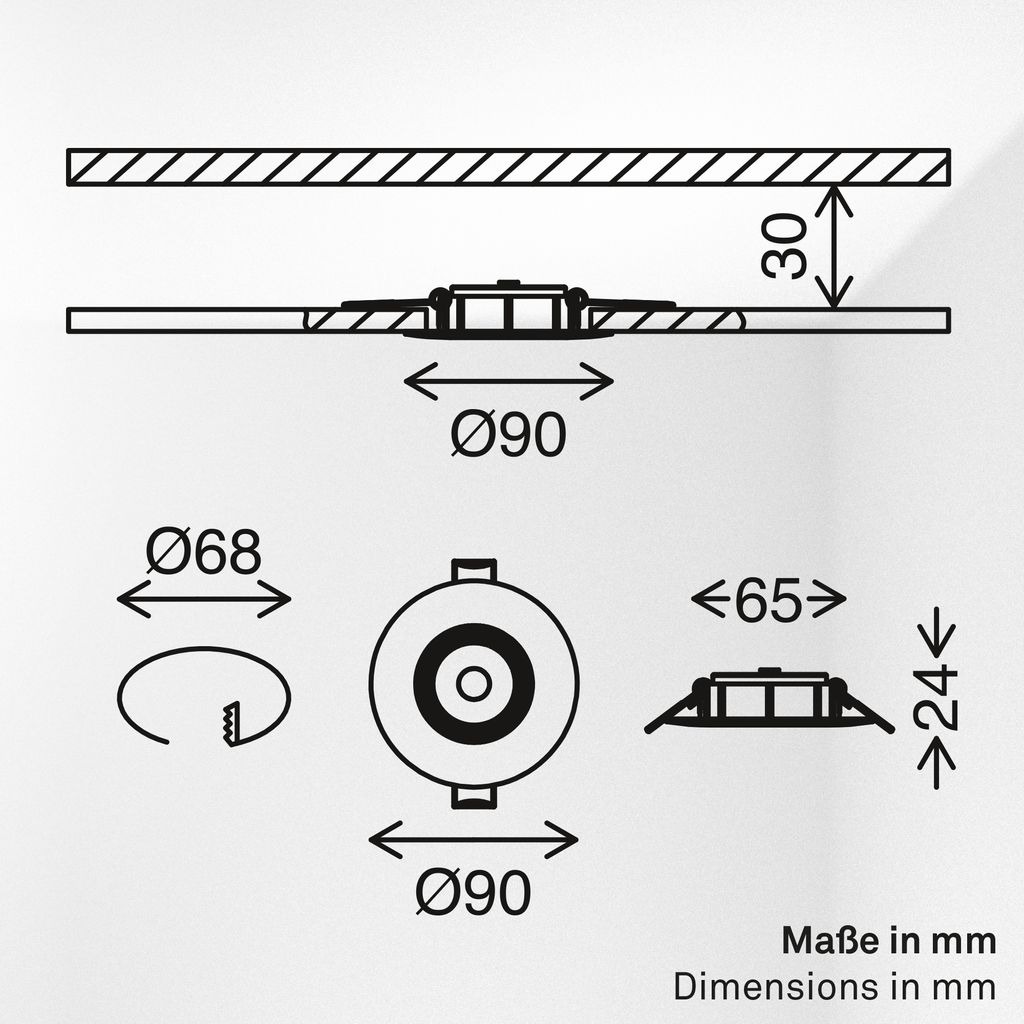 Show LED Recessed Spotlights 68mm, Set of 3 - 230V, 4.9W, 480lm, LED, Warm White, Matt Chrome