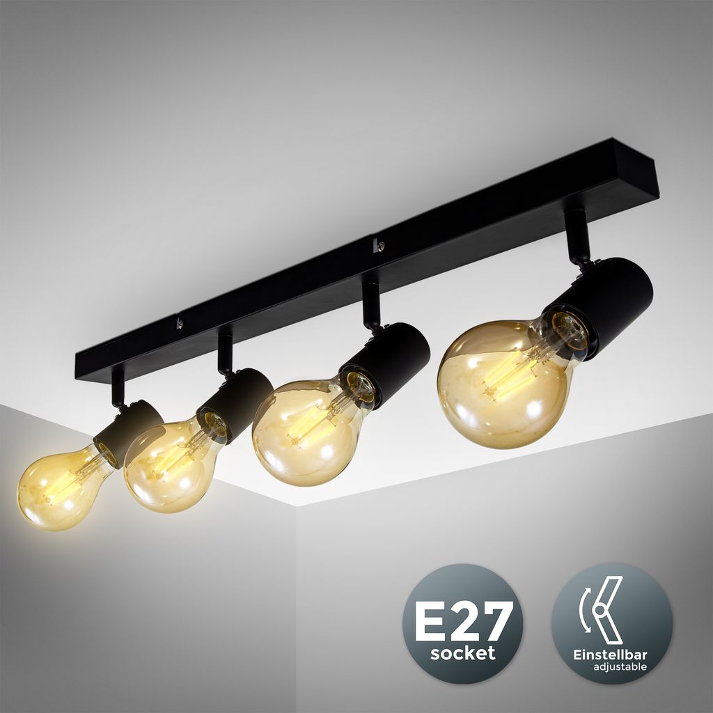 B.K.Licht Ceiling Light, 4 Rotatable Spots, E27 Socket, Bulbs not Included, Spotlight for Kitchen, Dining Room & Bedroom, Black Lamp, Metal Spot Bar, Swivel Design IP20 230V