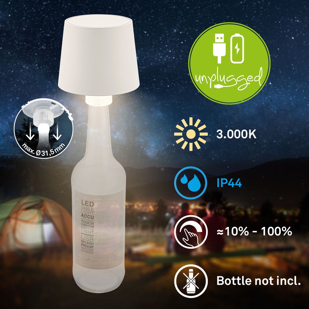Bota Flaschenlampe - 1,8W, 120lm, Akku, LED, Dimmbar, Touch, Warmweiß, Altweiß