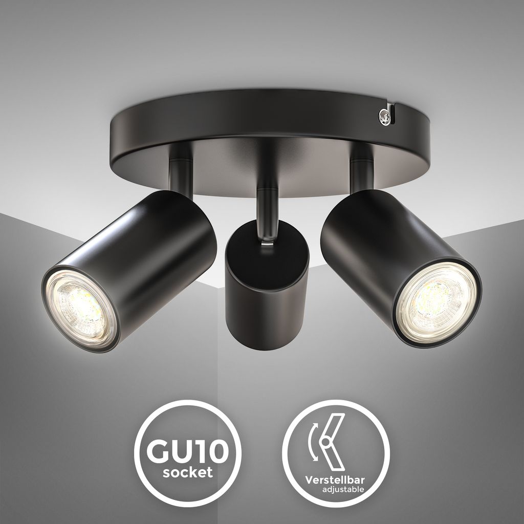 Ceiling Light, 3 Rotatable Spots, GU10 Sockets, Bulbs not Included, Spotlight for Kitchen, Dining Room & Bedroom, Black Metal Lamp, Round, 19cm/7.5in diameter, Swivel Design IP20 230V