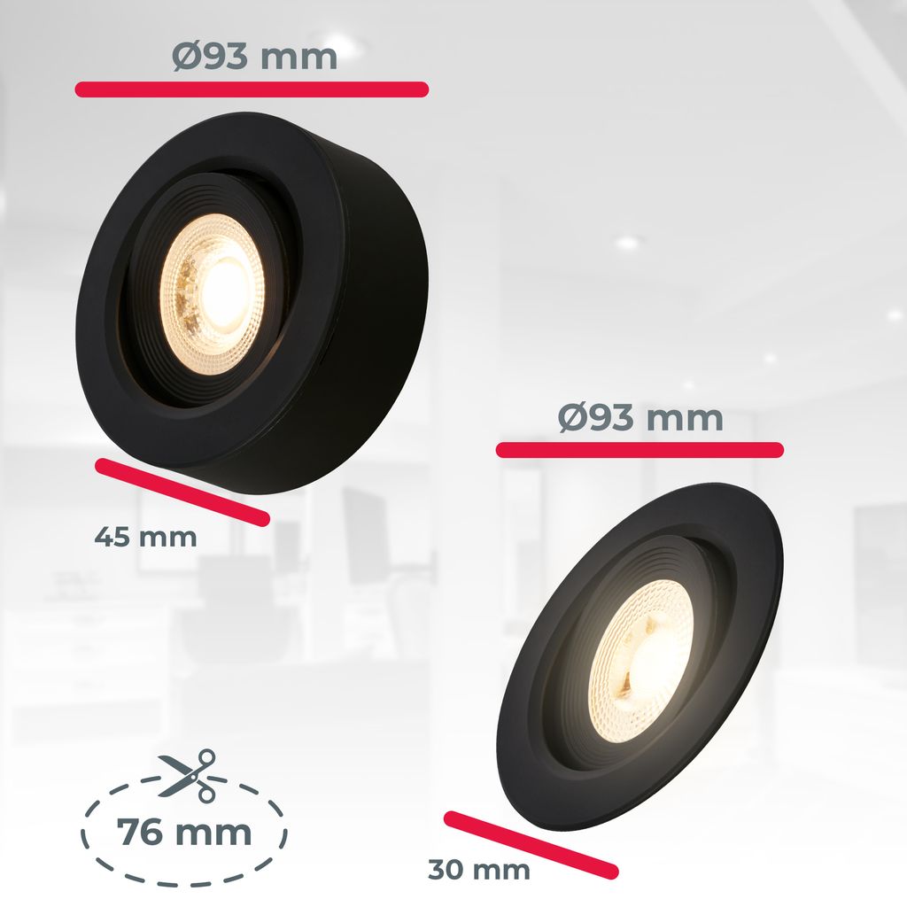 Einbaustrahler 76mm 3er Set - 230V, 5W, 500lm, LED, warmweiß, schwarz