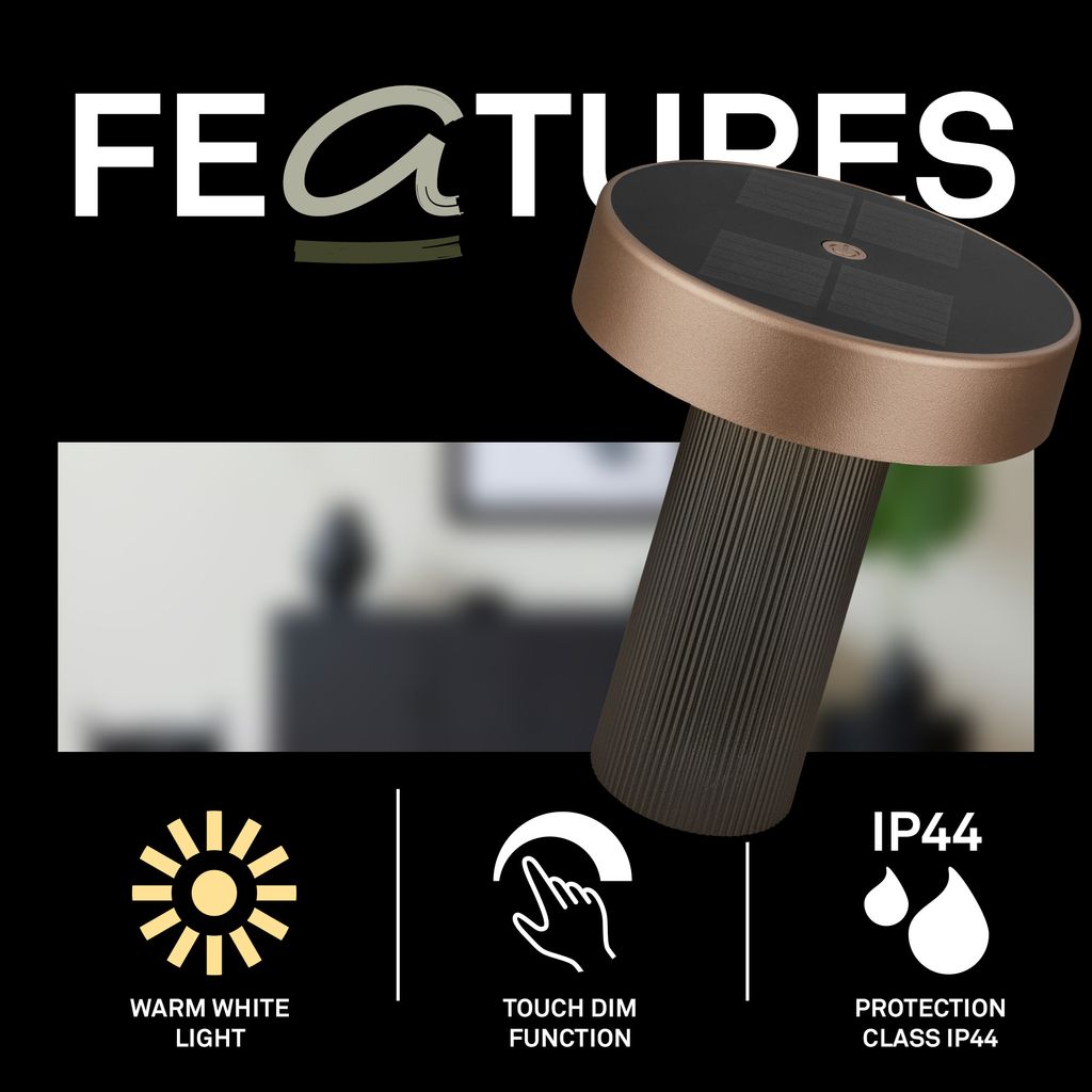 Poga Tischlampe - 1W, 150lm, Kabellos, LED, Dimmbar, Solar, Anthrazit, Bronze metallic
