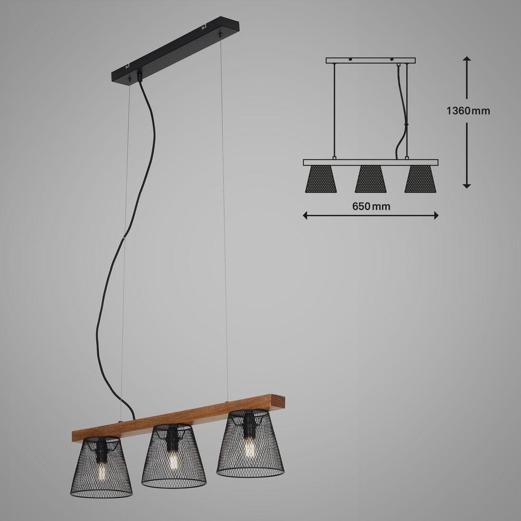 Pendelleuchte Hängelampe retro Gitteroptik 3x E14 25 W Metall-Holz Briloner 21