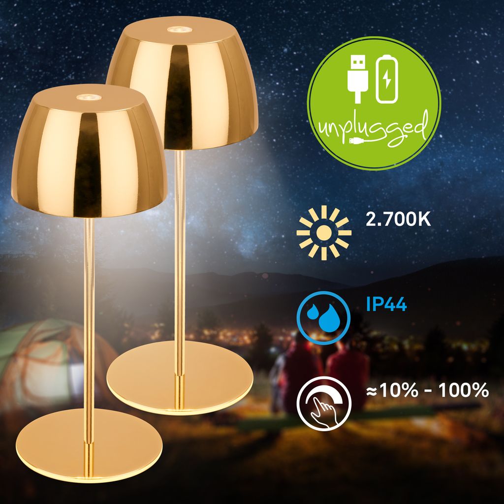 Serina Mini LED Tischlampe kabellos IP44, Dimmbar, Touch, 2er Set, Goldfarbig