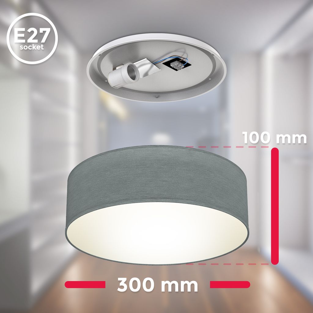 B.K.Licht Ceiling Lamp Shade, Ø11,8in, Grey Fabric, E27 Socket, Bulb not Included, Flush Mount Ceiling Fitting, Modern Light Fitting for Bedroom, Living Room, Dining Area IP20
