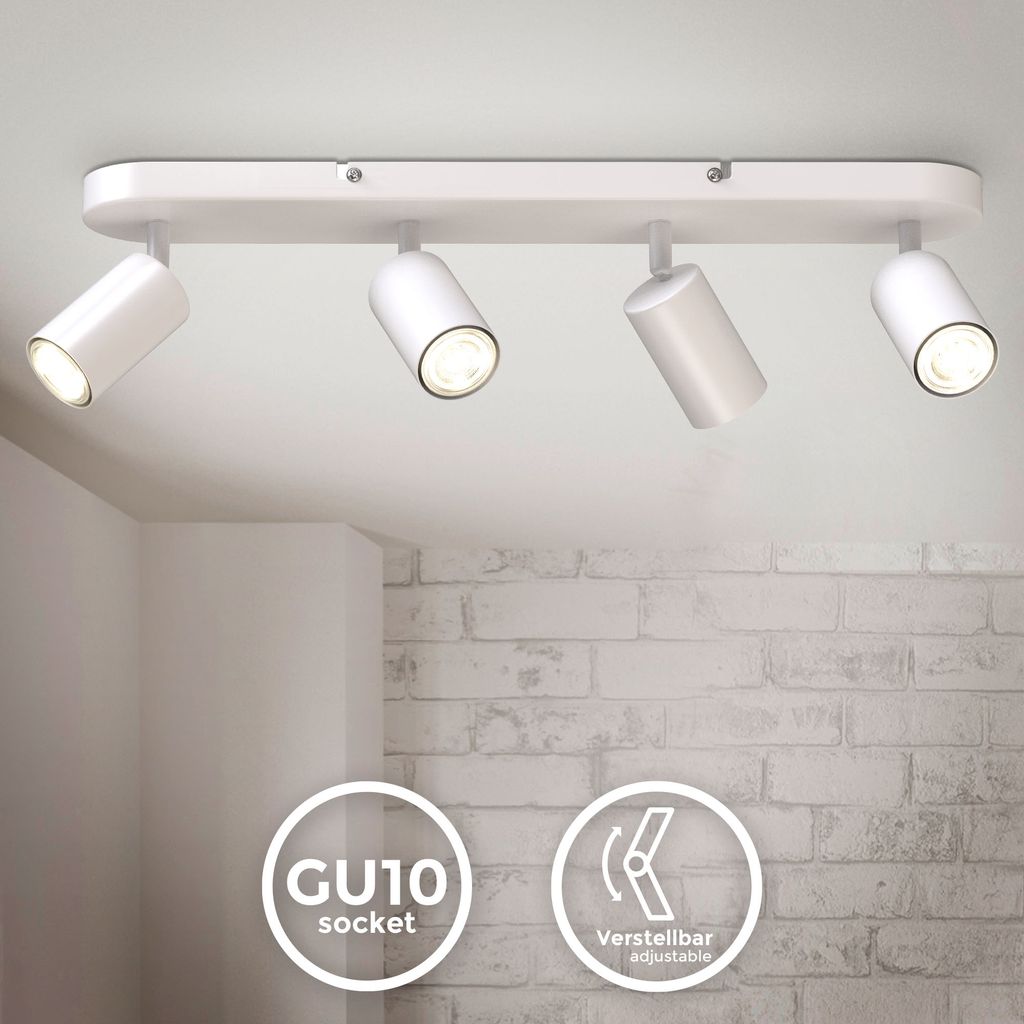Ceiling Light, 4 Rotatable Spots, GU10 Sockets, Bulbs not Included, Spotlight for Kitchen, Dining Room & Bedroom, White Lamp, Metal Spot Bar, 55cm/21.6in long, Swivel Design IP20 230V