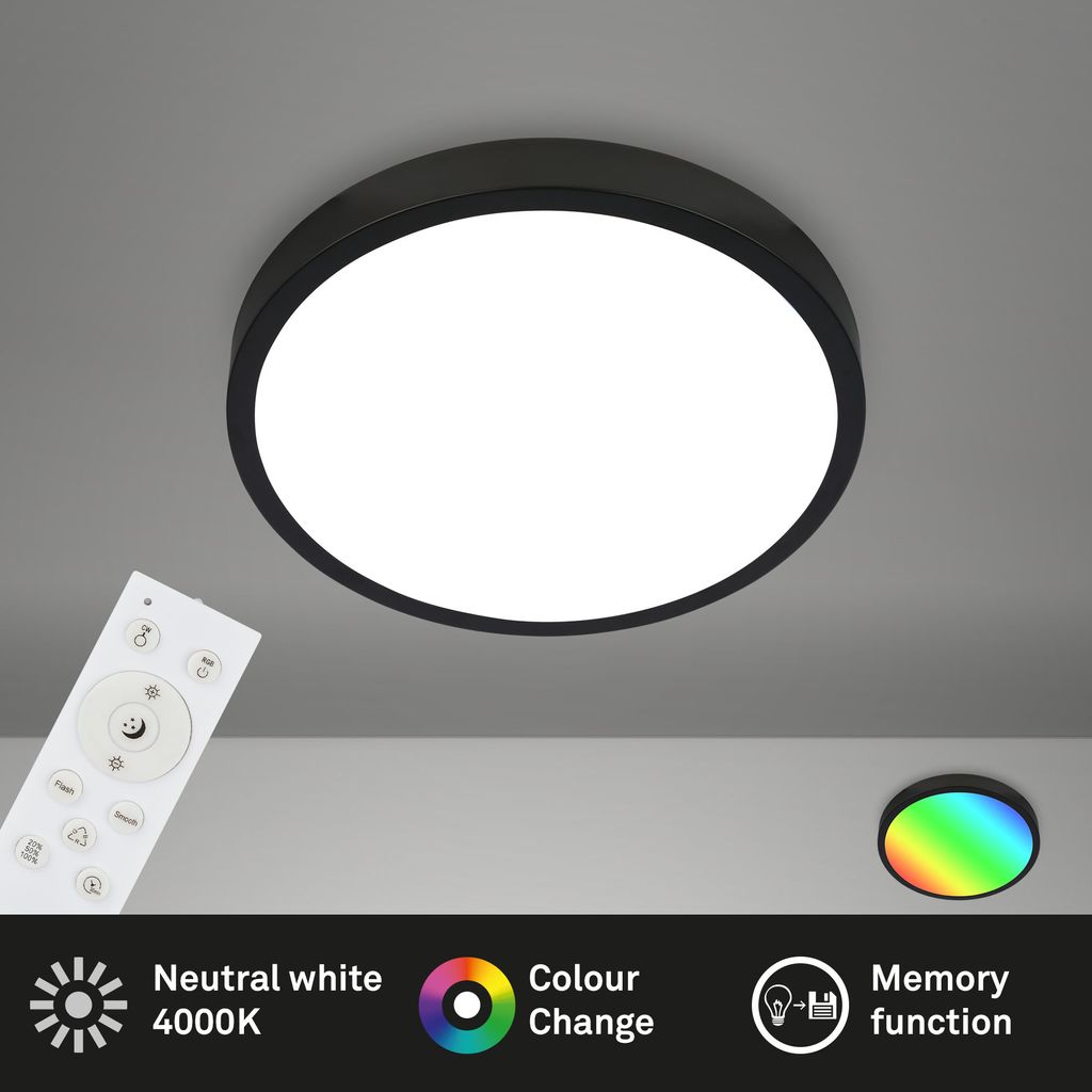 Briloner Leuchten ? LED Deckenlampe RGBW. LED Deckenleuchte Dimmbar. bunte Lichtfarben. Neutralweiß. Aufbaulampe. Fernbedienung. Schwarz. Ø380x50 mm 1