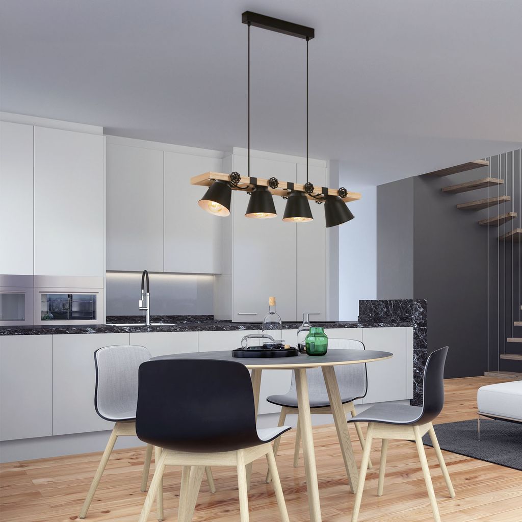 Pendelleuchte Hängelampe Vintage 4-flammig 4xE27 Metall-Holz schwarz Briloner 5