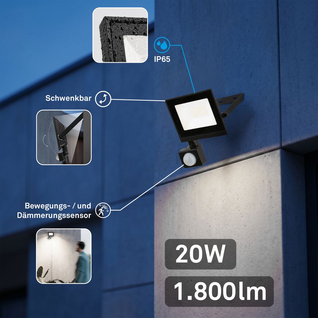 Varo Outdoor Floodlight - 20W, 1800lm, With Motion sensor, LED, Neutral White, IP65, Black