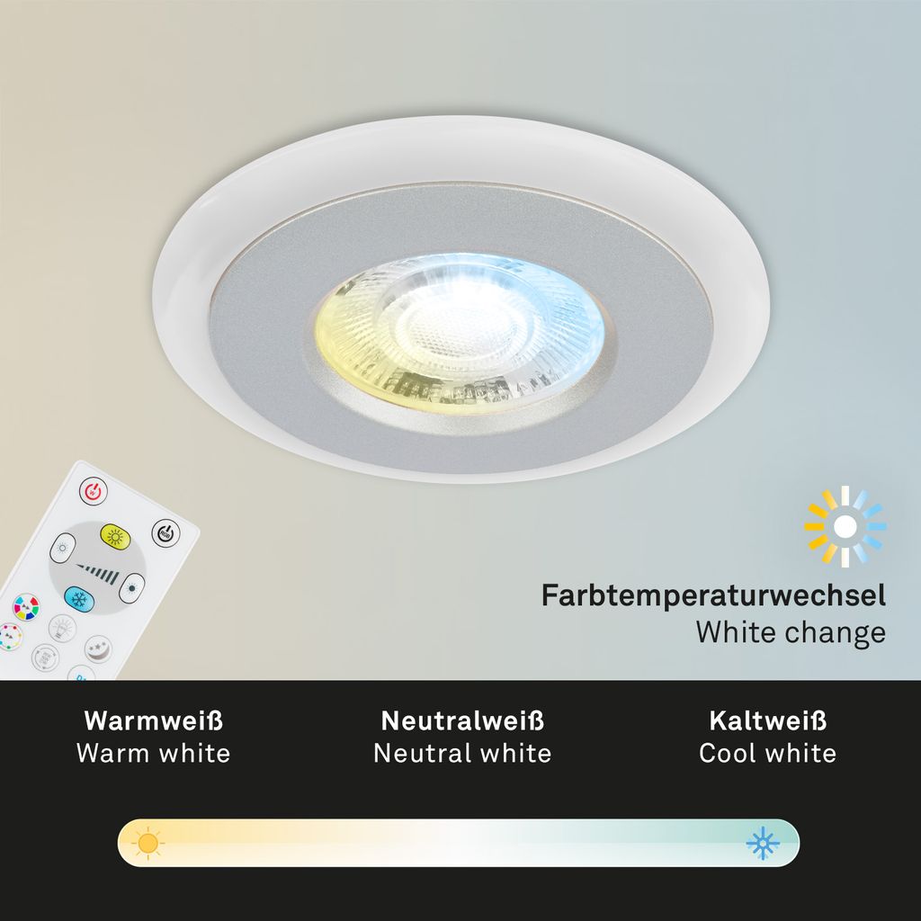 LED Einbauleuchten CCT RGB-Lichtring Fernbedienung dimmbar IP44 chrom Briloner 4
