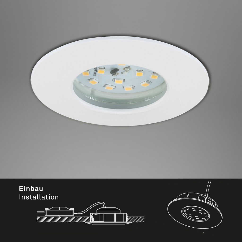 LED downlights 3er-set 3-flames I plastic / white I incl. 3 x LED-module 6,3W 570lm 3.000K I lifetime 20.000 h, Ra>=80 I 3 steps dimmable I fixed I IP44 / protection class II I 75x28mm (DxH) I installation dimension 60mm (D)