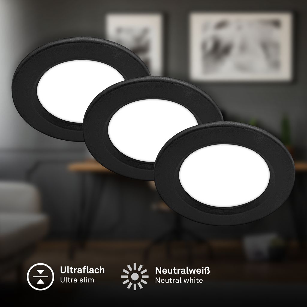 Jeft Einbauspots 76mm 3er Set - 230V, 3W, 330lm, LED, Neutralweiß, Schwarz