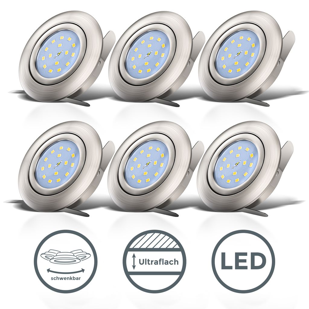 Einbauspot 6er Set 68mm Lochmaß - 230V, 4,8W, 400lm, LED, warmweiß, matt-nickel