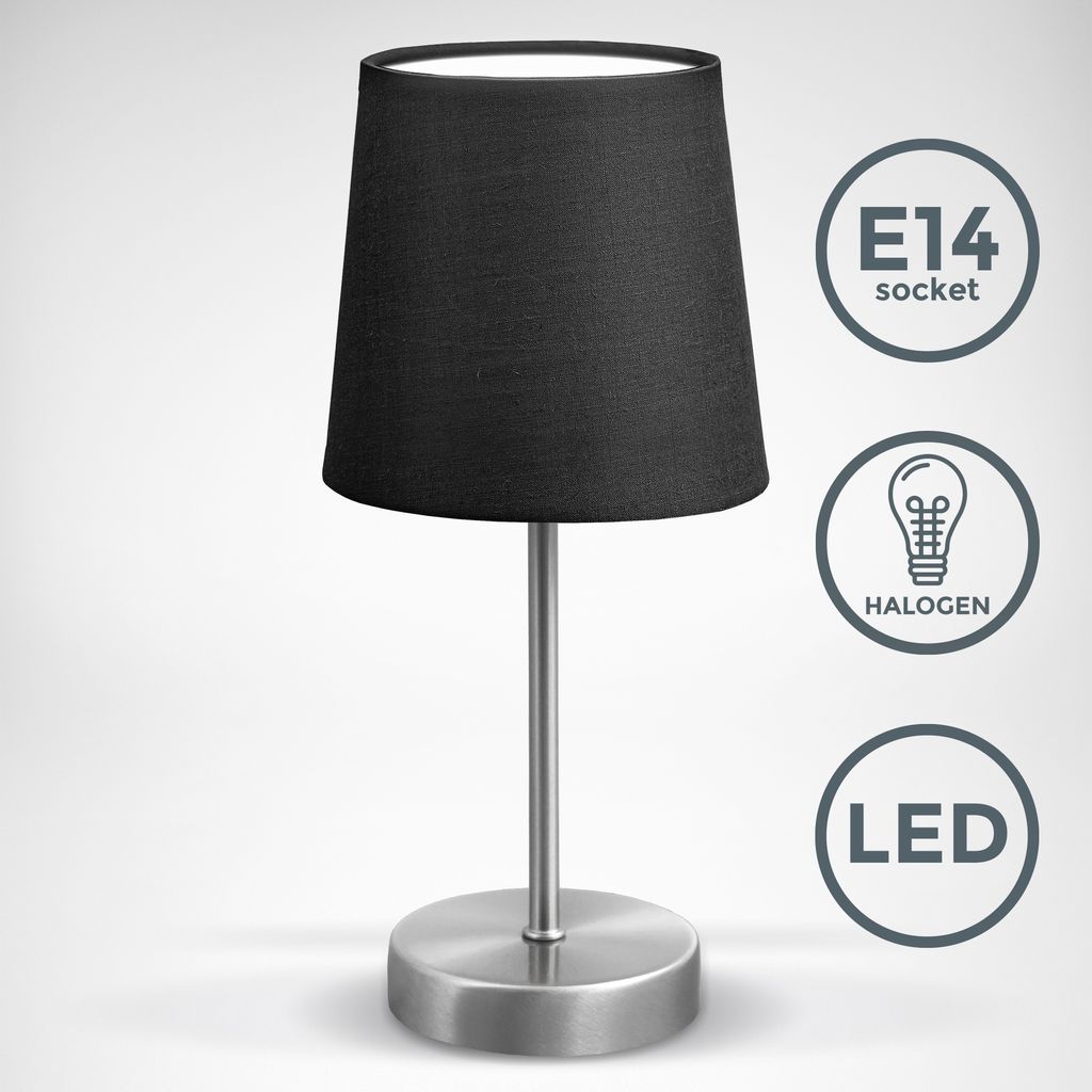 Nachttischlampe - mit Schalter, Stoff, max. 25W, E14 Fassung, schwarz