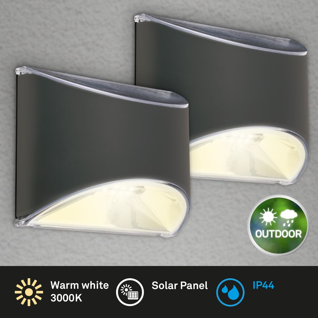 2er Set Solar LED Wandleuchte, 10 cm, anthrazit