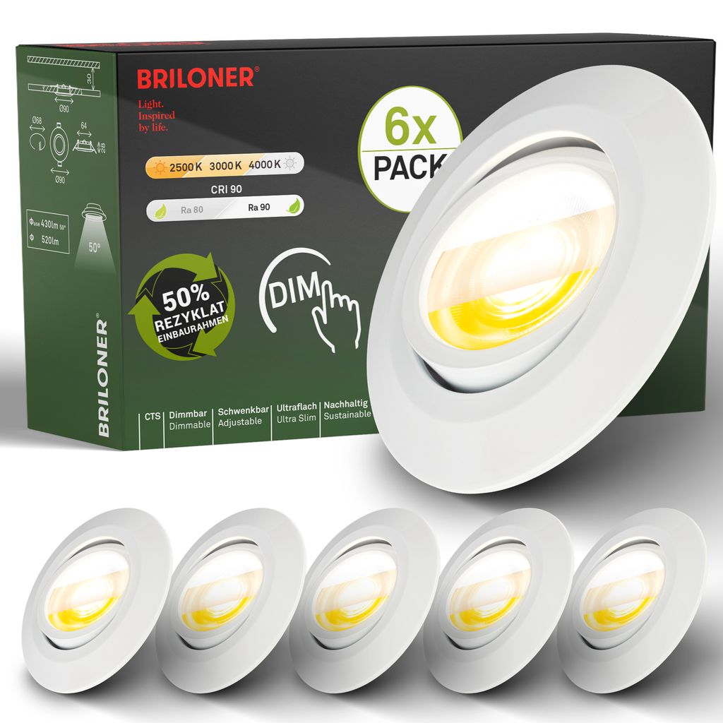 Briloner Klira Set de 6 spots LED encastrables 230V, à intensité variable, orientables, blanc