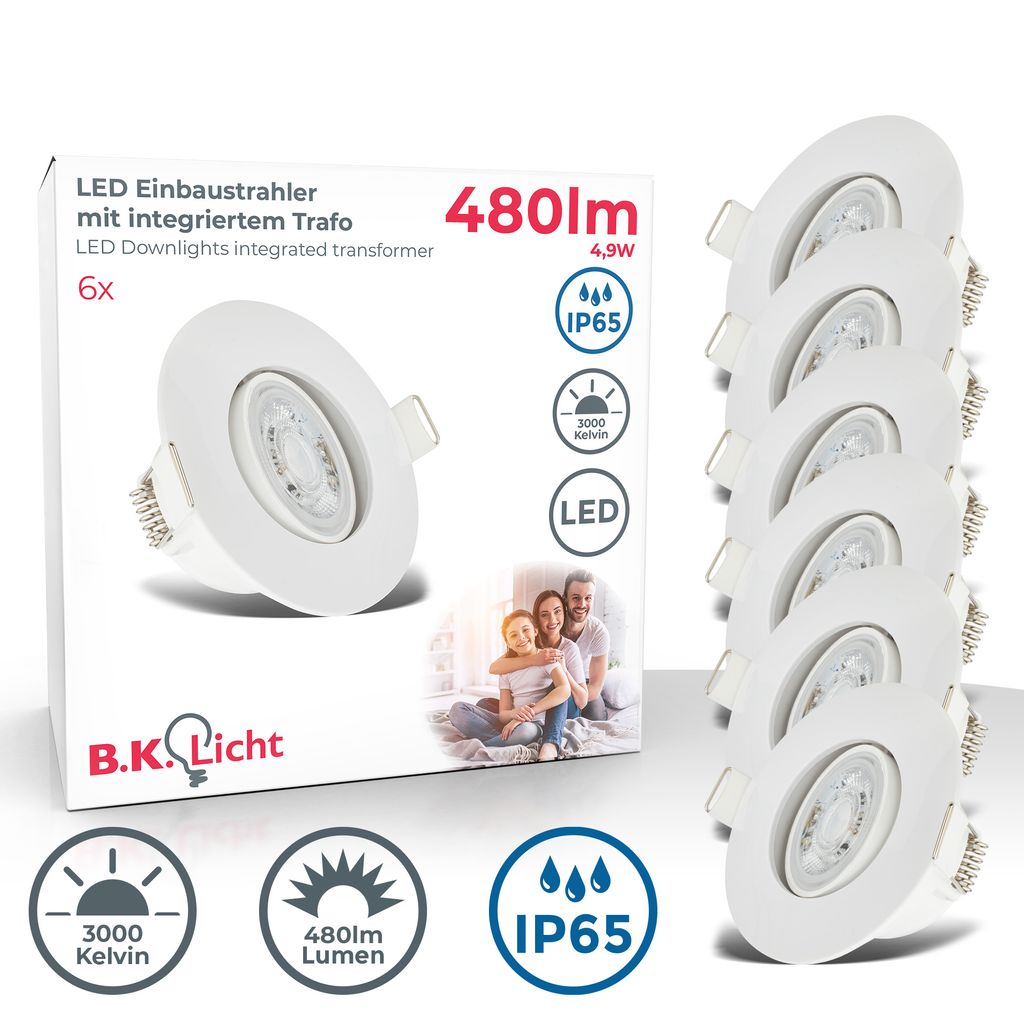 B.K.Licht - Set of 6 LED recessed spotlights 230V, swiveling LED spotlights for the bathroom IP65, LED ceiling spotlights, LED spots, ceiling spotlights, bathroom lamp, 9 x 4.2 cm (DxH), white