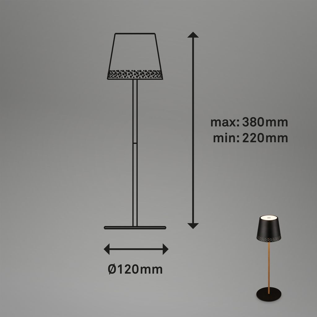 LED cordless table lamp 38 cm 2.6 W 280lm black-wood