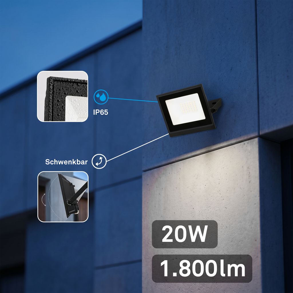 Varo Wandstrahler Außen - 20W, 1800lm, LED, Neutralweiß, IP65, Schwarz
