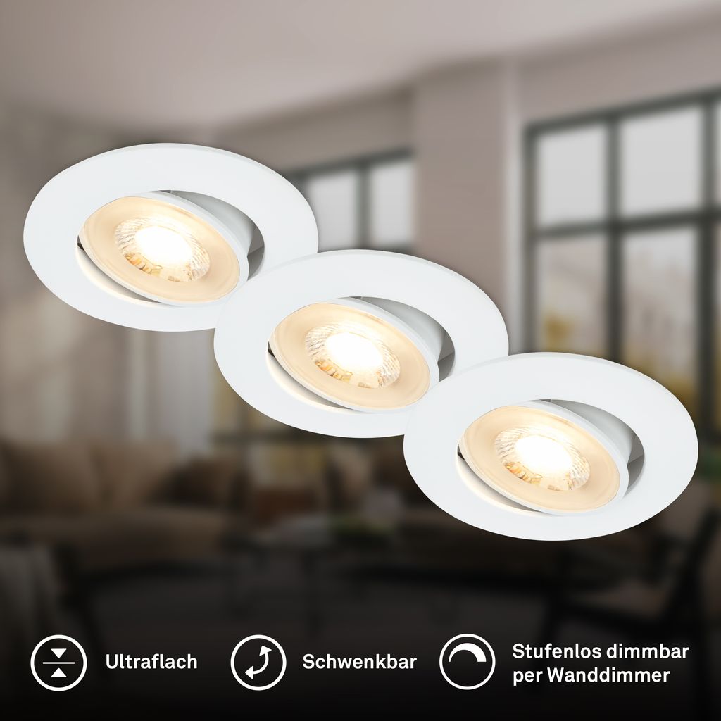 Show LED Recessed Spotlights 68mm, Set of 3 - 230V, 4.9W, 480lm, LED, Dimmable, Warm White, White