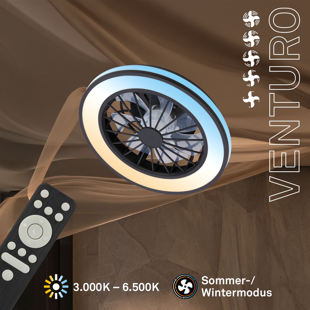 Venturo Ceiling Fan with Light - 24W, 2600lm, 5 Speeds, CCT, Dimmable, Black