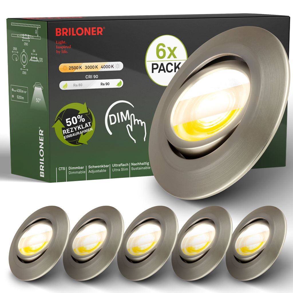 Briloner Klira Set de 6 spots encastrables 230V, variateur d'intensité, orientable, nickel mat