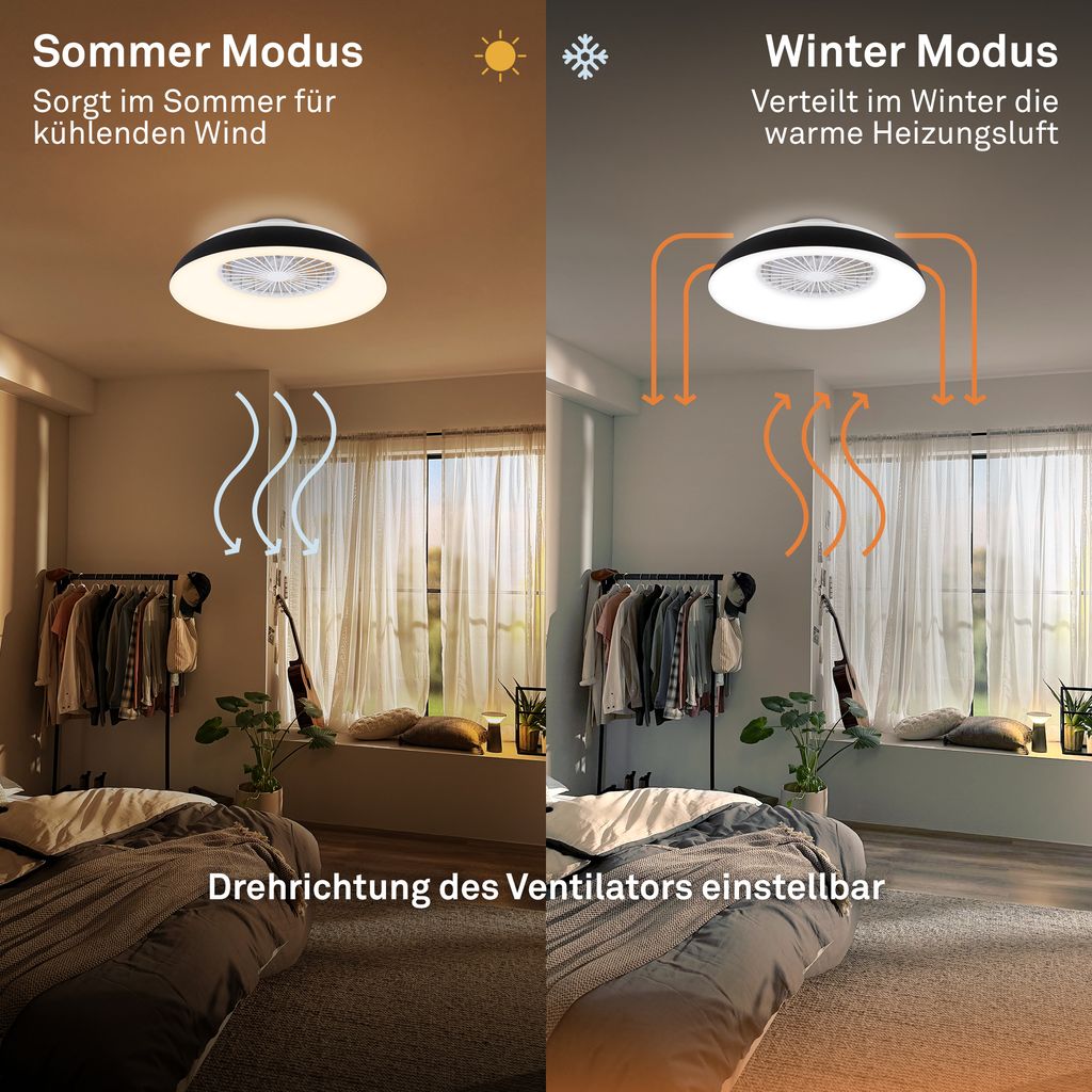 Windora Deckenventilator mit Beleuchtung - 36,5W, 3900lm, 5 Geschwindkeiten, CCT, Dimmbar, Schwarz, Weiß