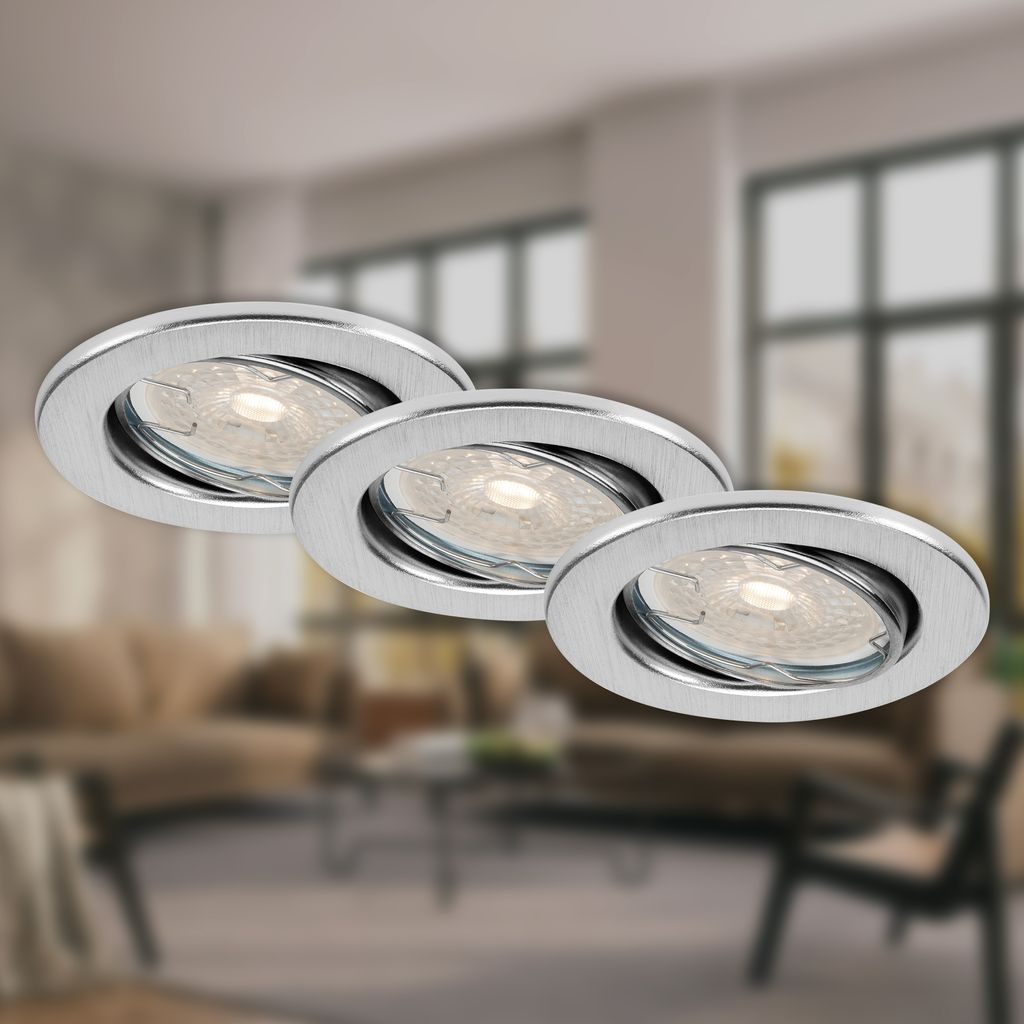 LED downlight set 3-flame "DIMM" I metal / aluminium coloured I incl. 3 x LED/GU10 5,5W 400lm 3.000K I Lifetime 25.000 h, Ra>=80 I dimmable I pivotable I IP23 I 86x70mm (DxH) I 60mm installation depth I 68mm (D) installation dimension
