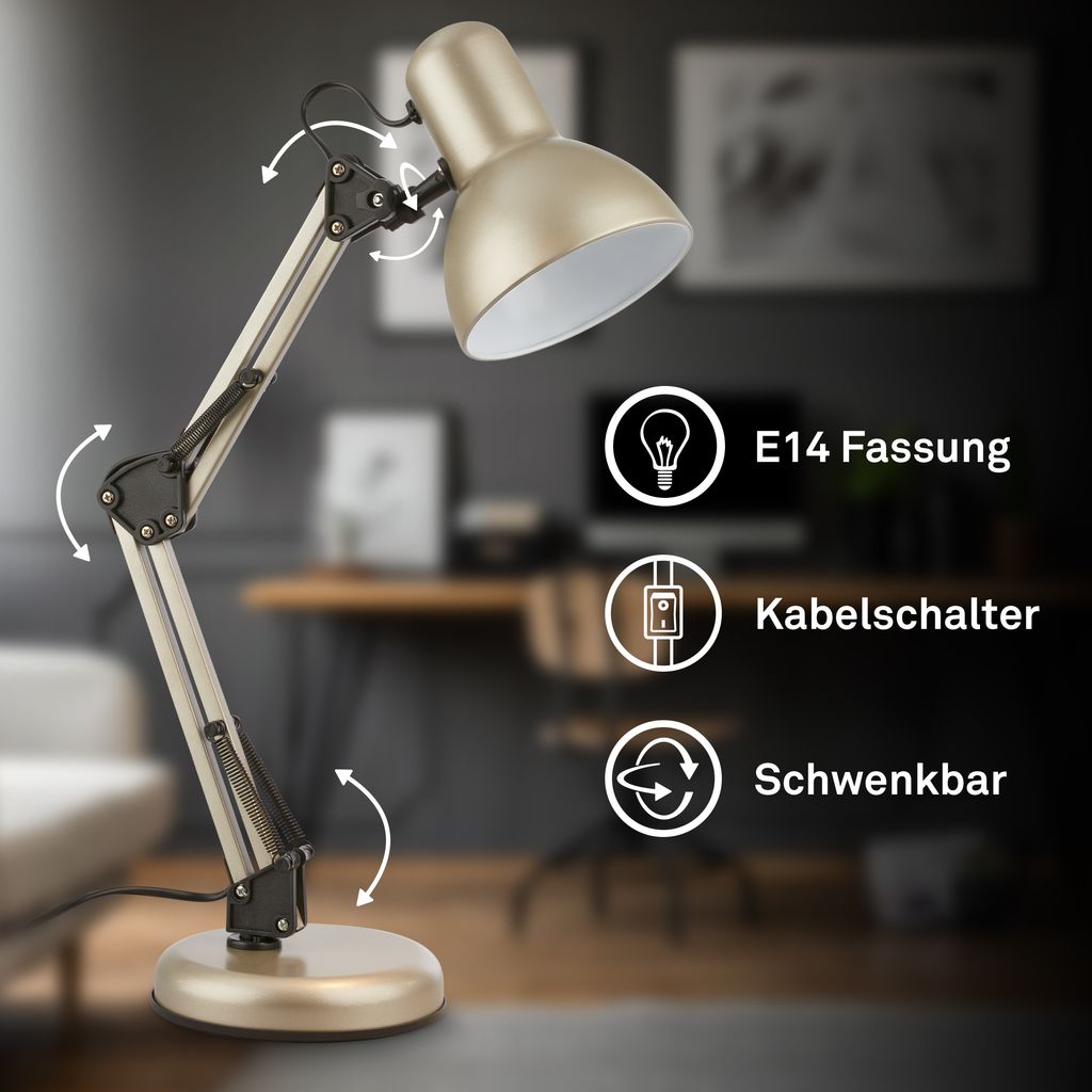 Pixa Desk Lamp - With Switch, Adjustable, E14 Fitting, Satin Metallic