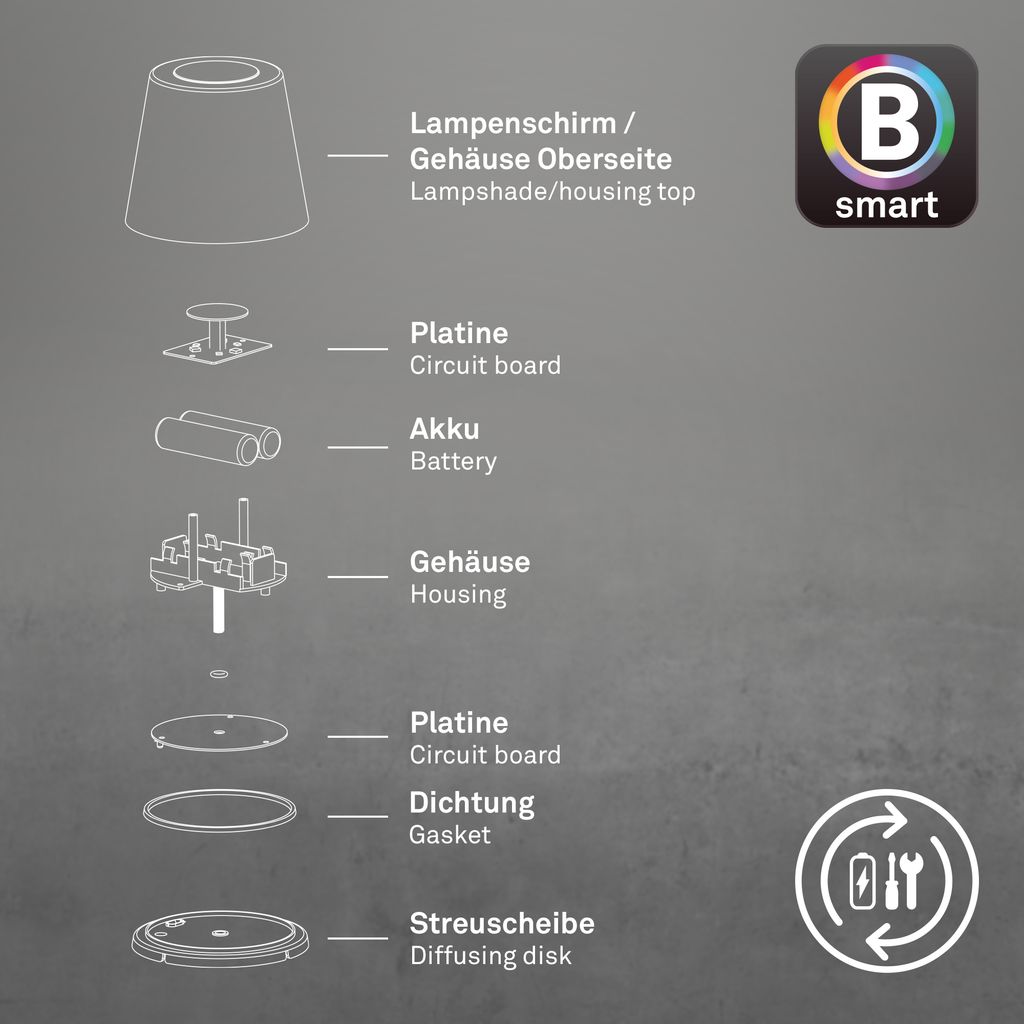 LED Tischlampe kabellos Tischleuchte Smart Appsteuerung Aussen/Innen Dimmbar 9