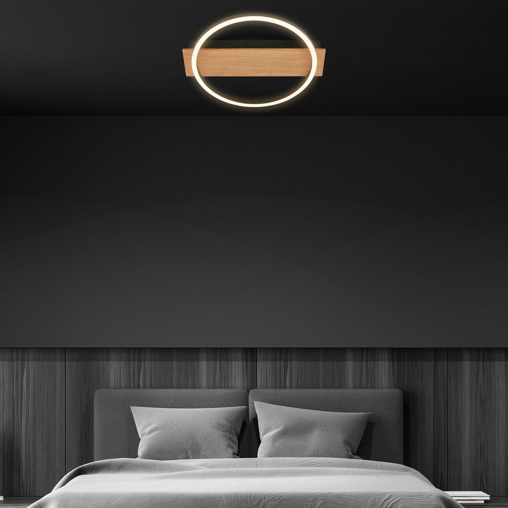 Kada LED Deckenlampe, Holzdekor, warmweißes Licht,Oval 34x30 cm, Schwarz-Holz