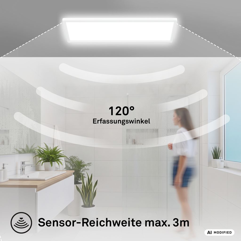 Briloner Move LED Plafonnier IP44, rétroéclairage, détecteur de mouvement, blanc