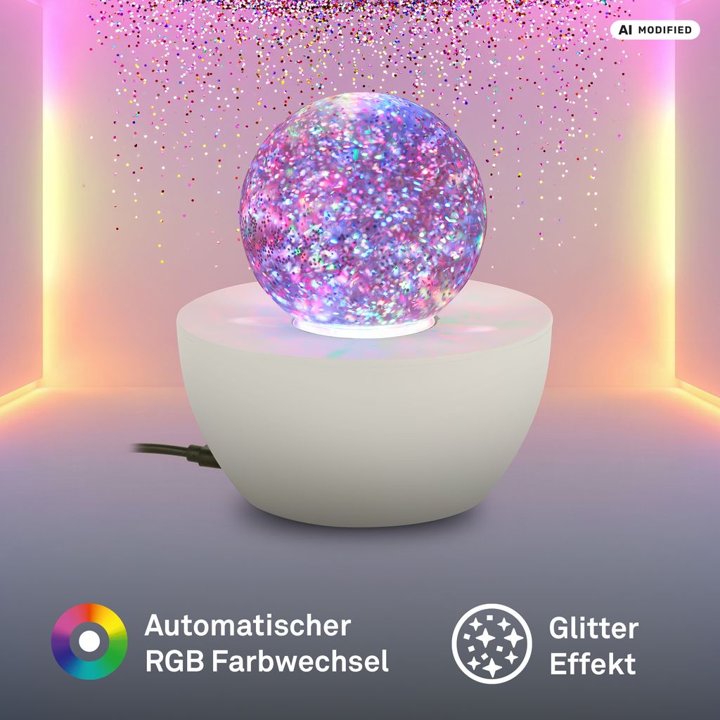 Glitter Tischlampe - 0,6W, RGB, Glitzerkugel, Altweiß