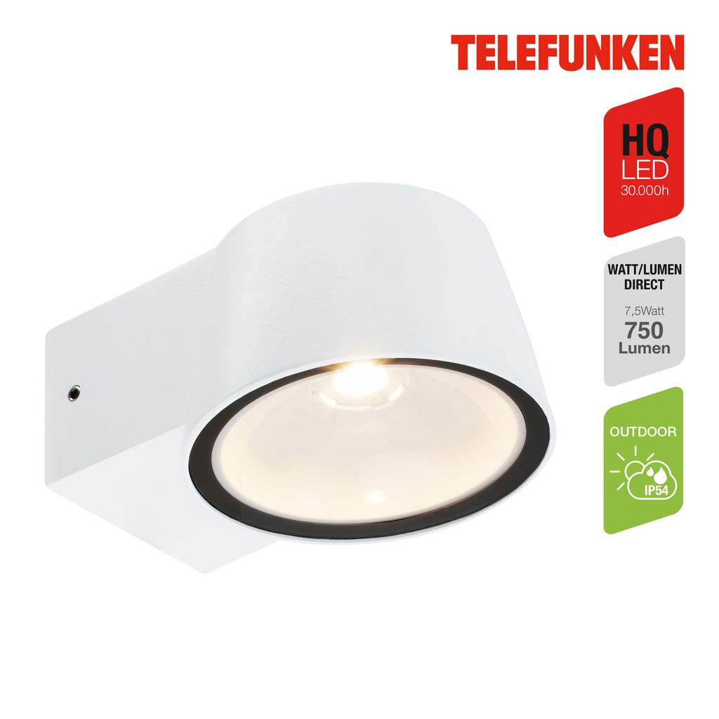 Telefunken LED Wandlampe Aussen, IP54 Spritzwasser- und Staubschutz, On/Off, Alu-Weiß