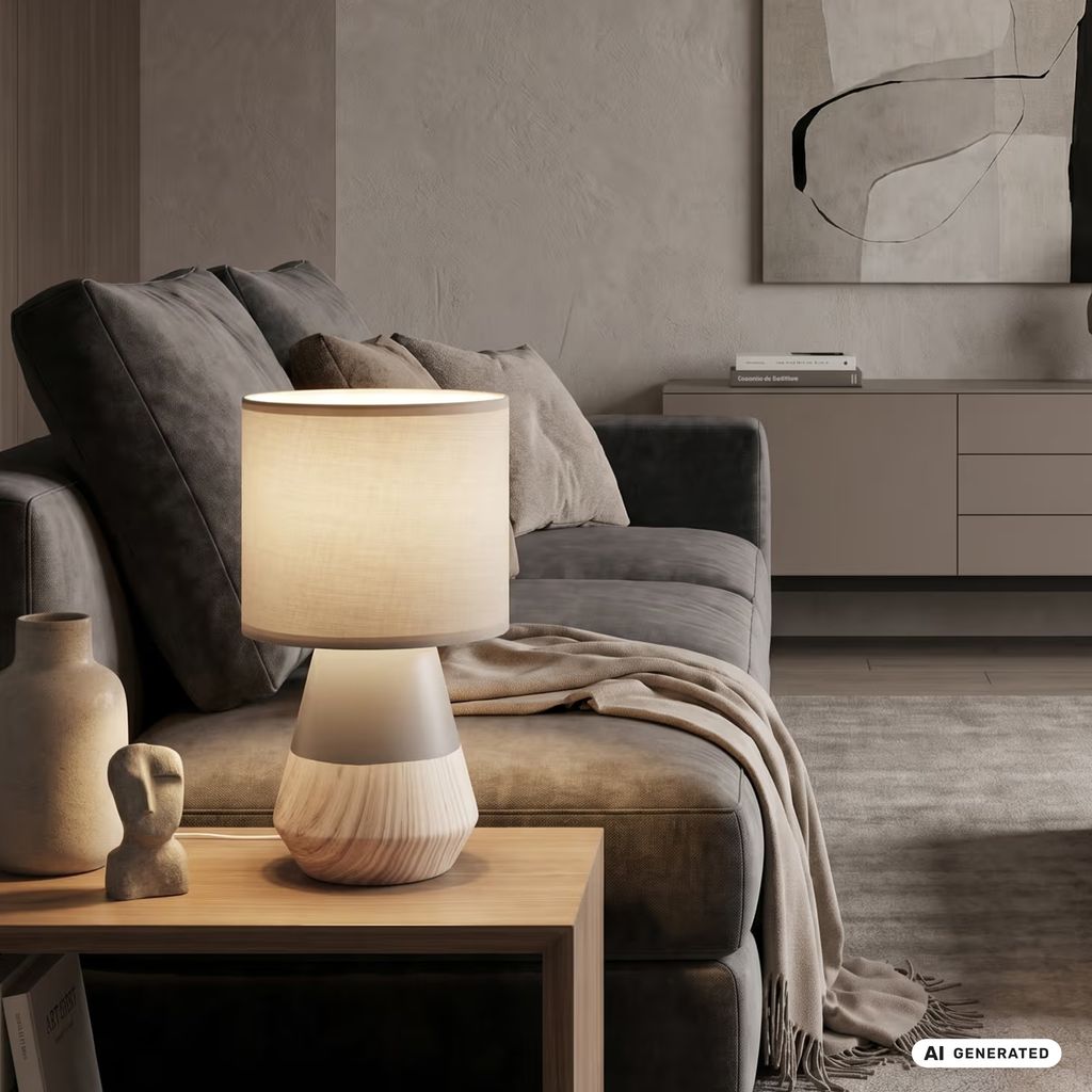 Linda Tischlampe - mit Schalter, Keramik, E14 Fassung, Grau-Holzoptik