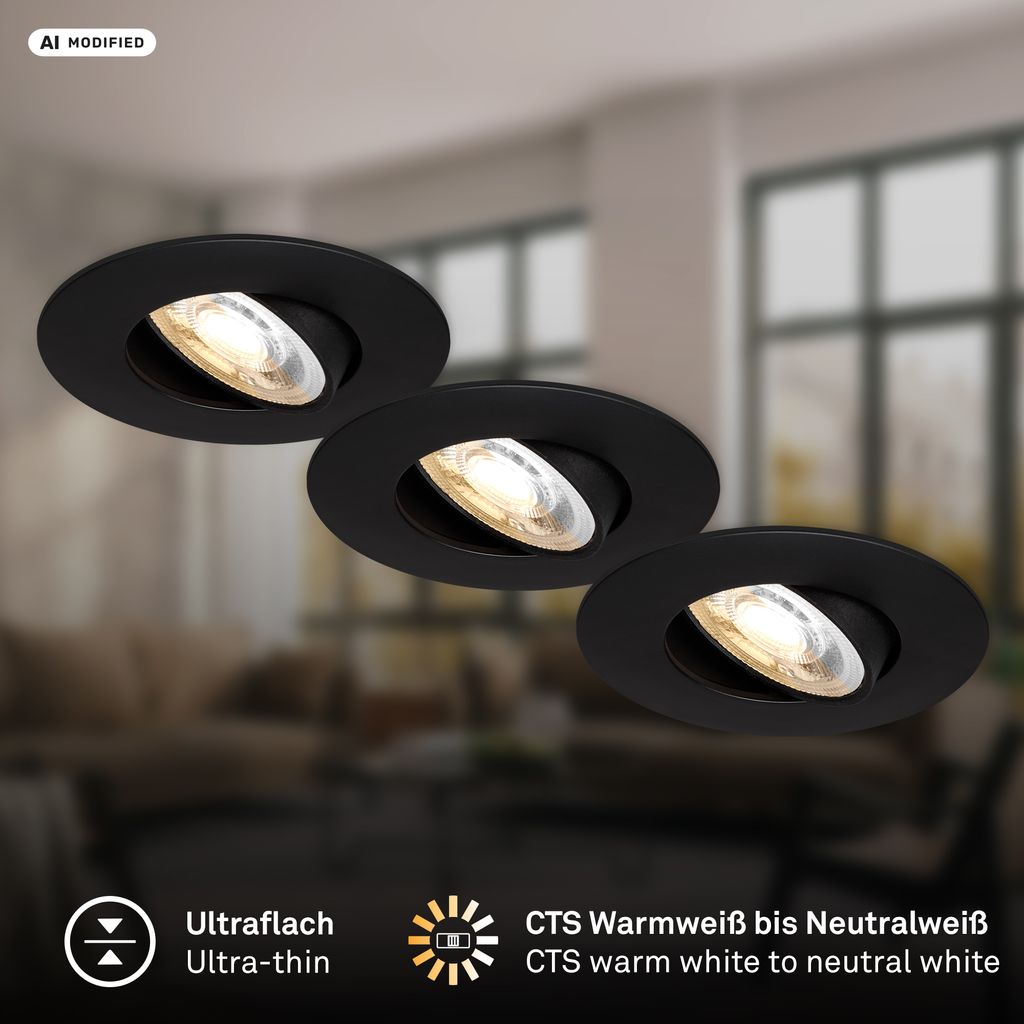 Dimara LED Einbaustrahler 68mm 3er Set - 230V, 4,9W, 460lm, CTS Schalter, Schwarz