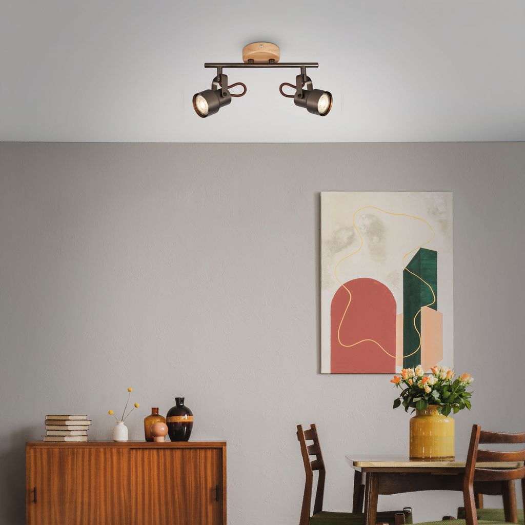 LED Retro Deckenstrahler ? 2-flammig, schwenkbar, 2x GU10 5W, Holz & Metall, Grau